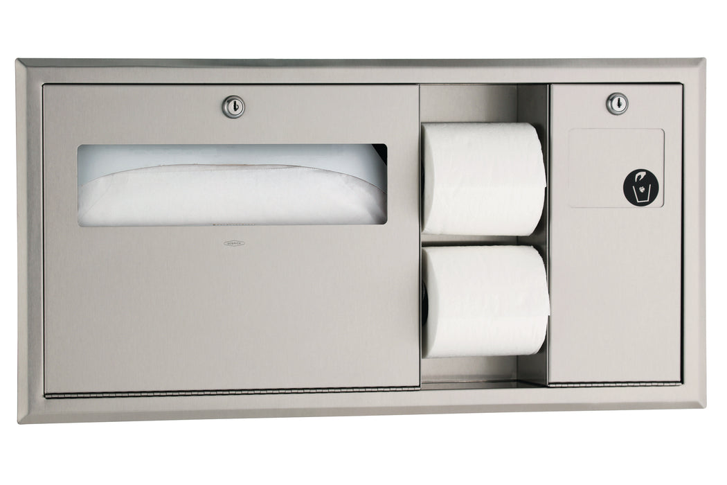 Bobrick B3092 ClassicSeries Recessed-Mounted Toilet Tissue, Seat-Cover Dispenser and Waste Disposal Right - Satin - Prestige Distribution