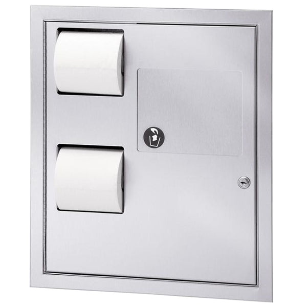 Bradley 5942-6900 Dual Toilet Paper Dispenser & Napkin Disposal Reverse Door Recessed - Satin - Prestige Distribution